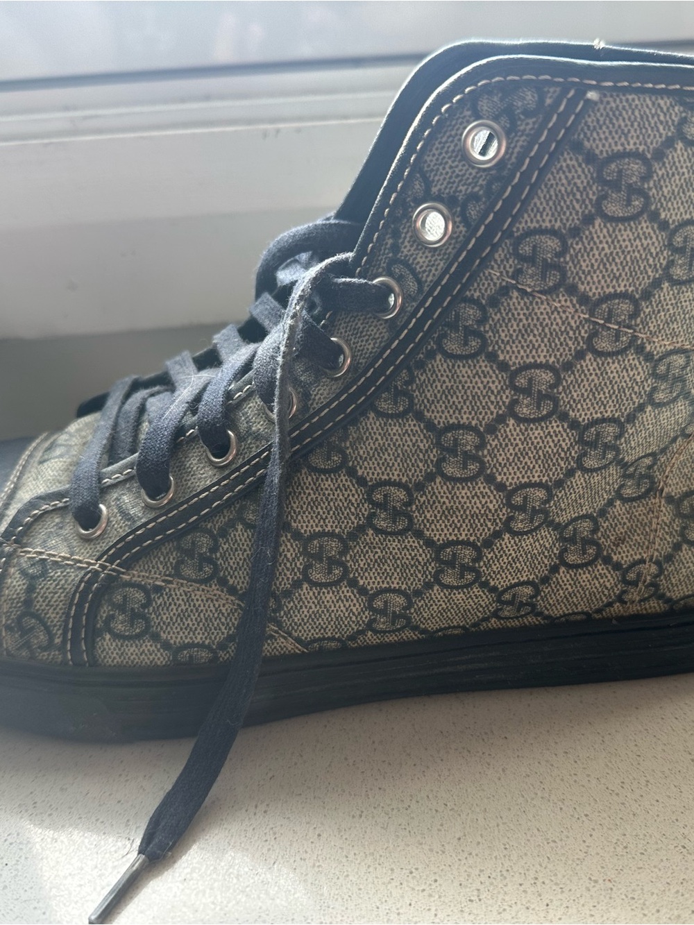 Gucci Monogram High-Top Sneakers in Beige and Black